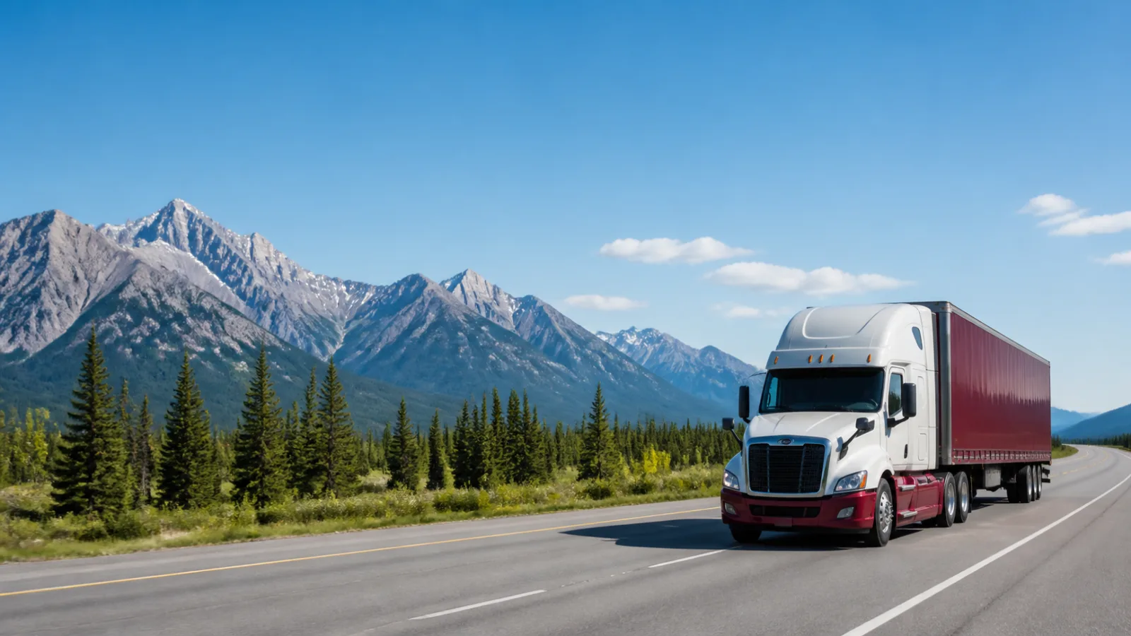 Transport truck travelling through the Canadian mountains